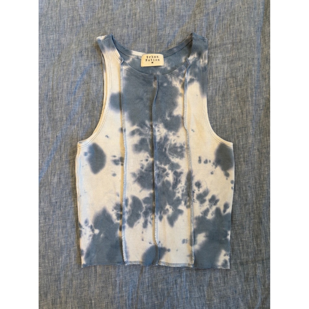 Urban Nation Indigo Ice Dye Ribbed Crop Tank Top Blue White Seam Detail UNW7372
